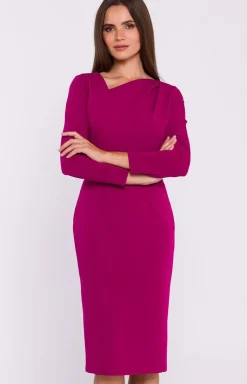 Stylove Moda - Sukienka ołówkowa z asyetryczny dekolte śliwkowa S376