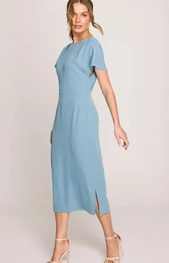 Stylove Moda - ukienka z dekolte z tyłu i rozcięcie ziny niebieki 398