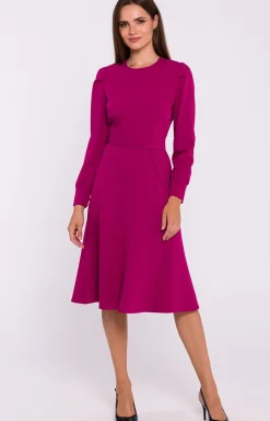 Stylove Moda - Sukienka z długimi rękawami i paskiem śliwkowa S378
