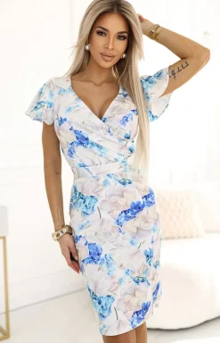 Numoco Moda - ukienka z kopertowym dekoltem w kwiaty 479-8 NINA