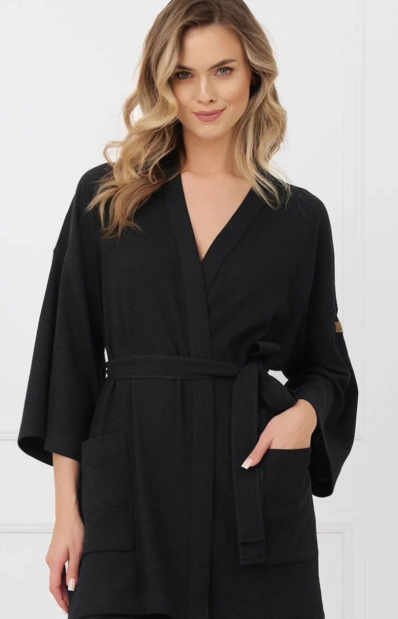 Szlafrok damski kimono z rękawem 3/4 czarny Bono