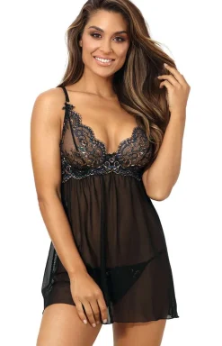 Tiulowa koszulka babydoll z koronką V-10399