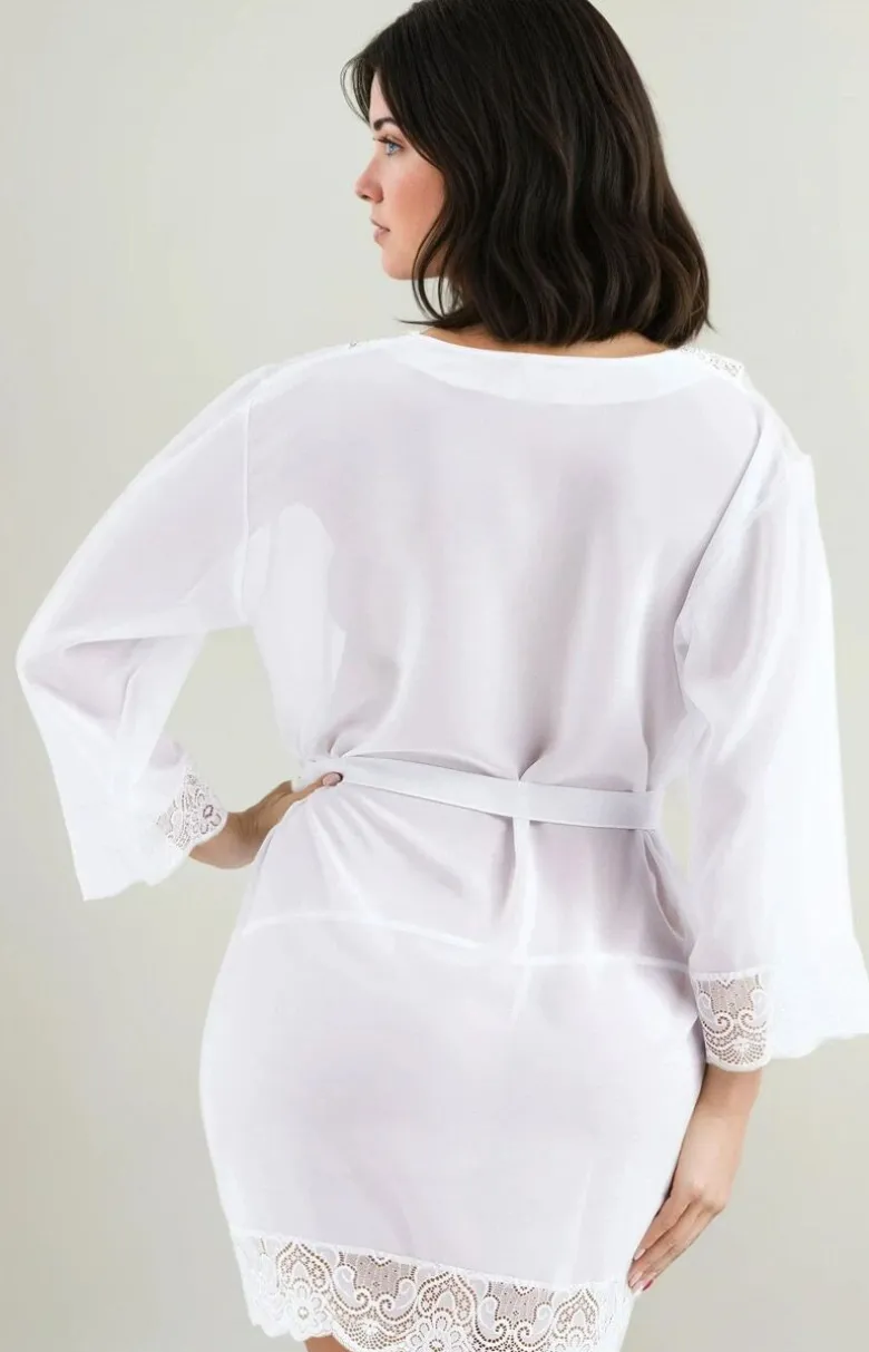 Tiulowy cienki szlafrok biały peniuar Cassidy Plus Size