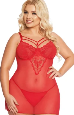 Damskie SoftLine Collection Koszulki|Seksowna Koszula Nocna - Zmysłowa czerwona koszulka i stringi plus size Aldona