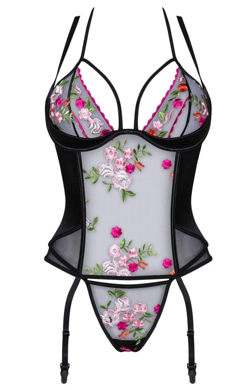 Beauty Night Body|Gorsety - Zmysłowy czarny gorset Joanna ze stringami z kwiatowym haftem