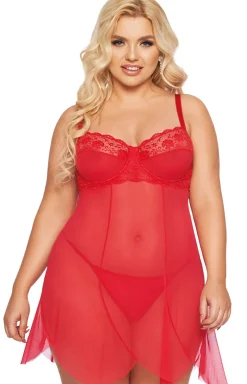 Zwiewna czerwona koszulka babydoll i stringi Carla